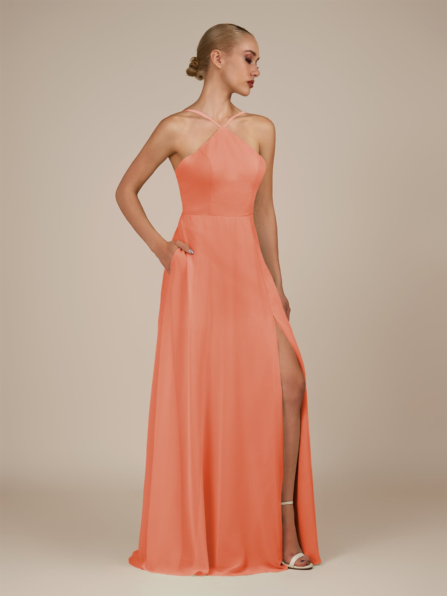 KissDress-Ione Rosette A Line Chiffon Halter Neck Long Bridesmaid Dress with Slit