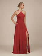 KissDress-Ione Ruby Red A Line Chiffon Halter Neck Long Bridesmaid Dress with Slit