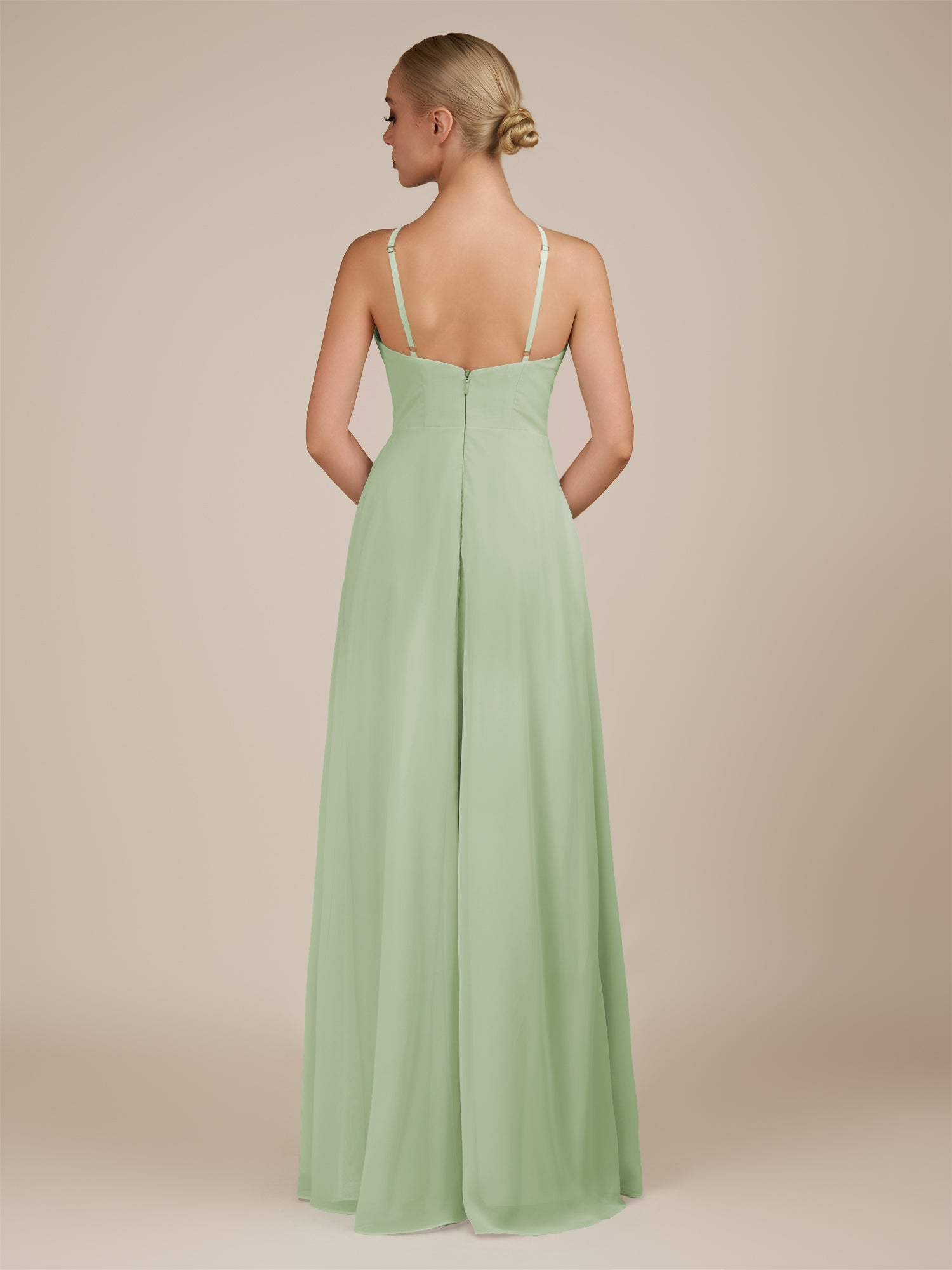 KissDress-Ione Sage A Line Chiffon Halter Neck Long Bridesmaid Dress with Slit