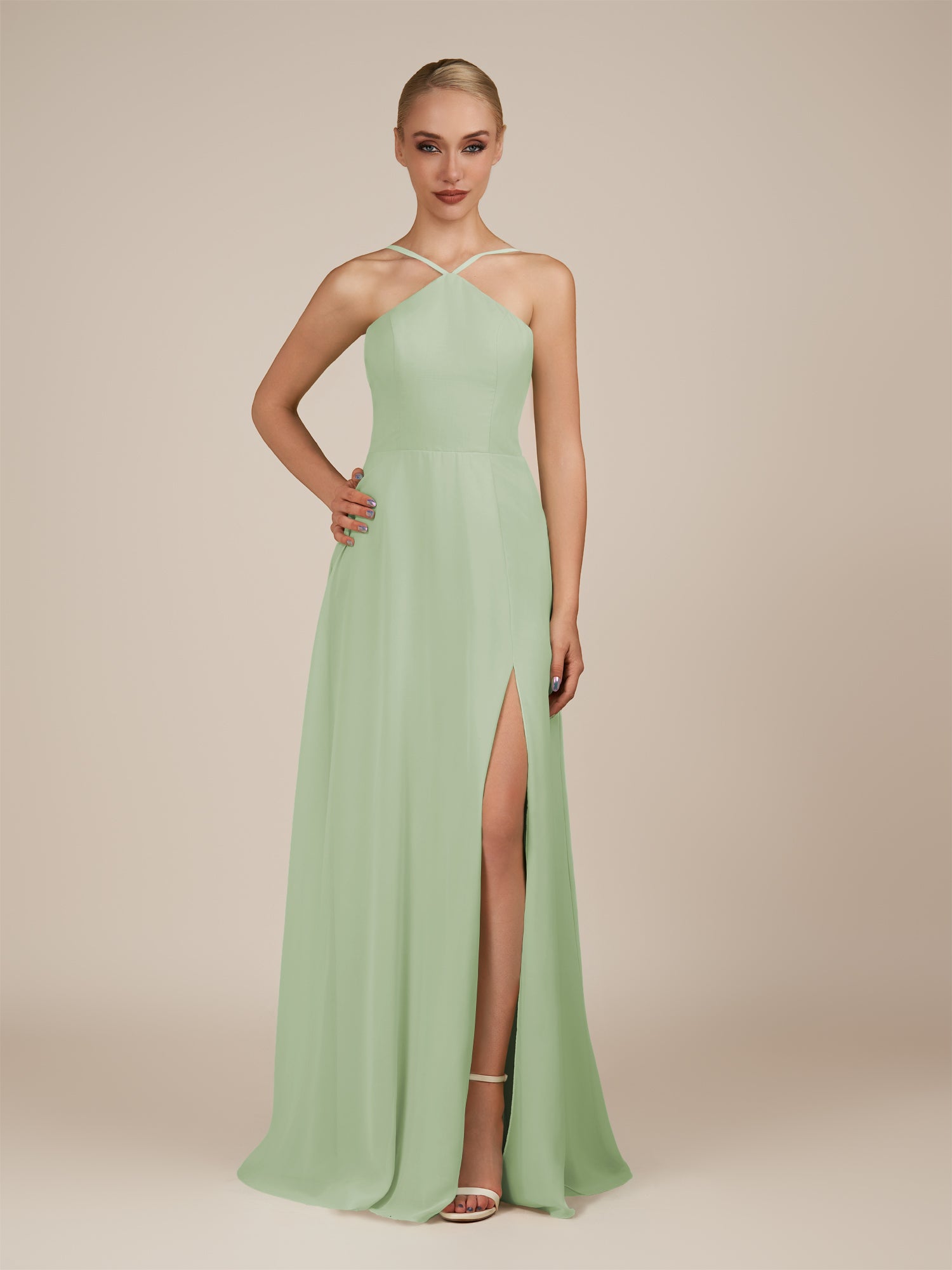 KissDress-Ione Sage A Line Chiffon Halter Neck Long Bridesmaid Dress with Slit