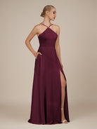 KissDress-Ione Sangria A Line Chiffon Halter Neck Long Bridesmaid Dress with Slit
