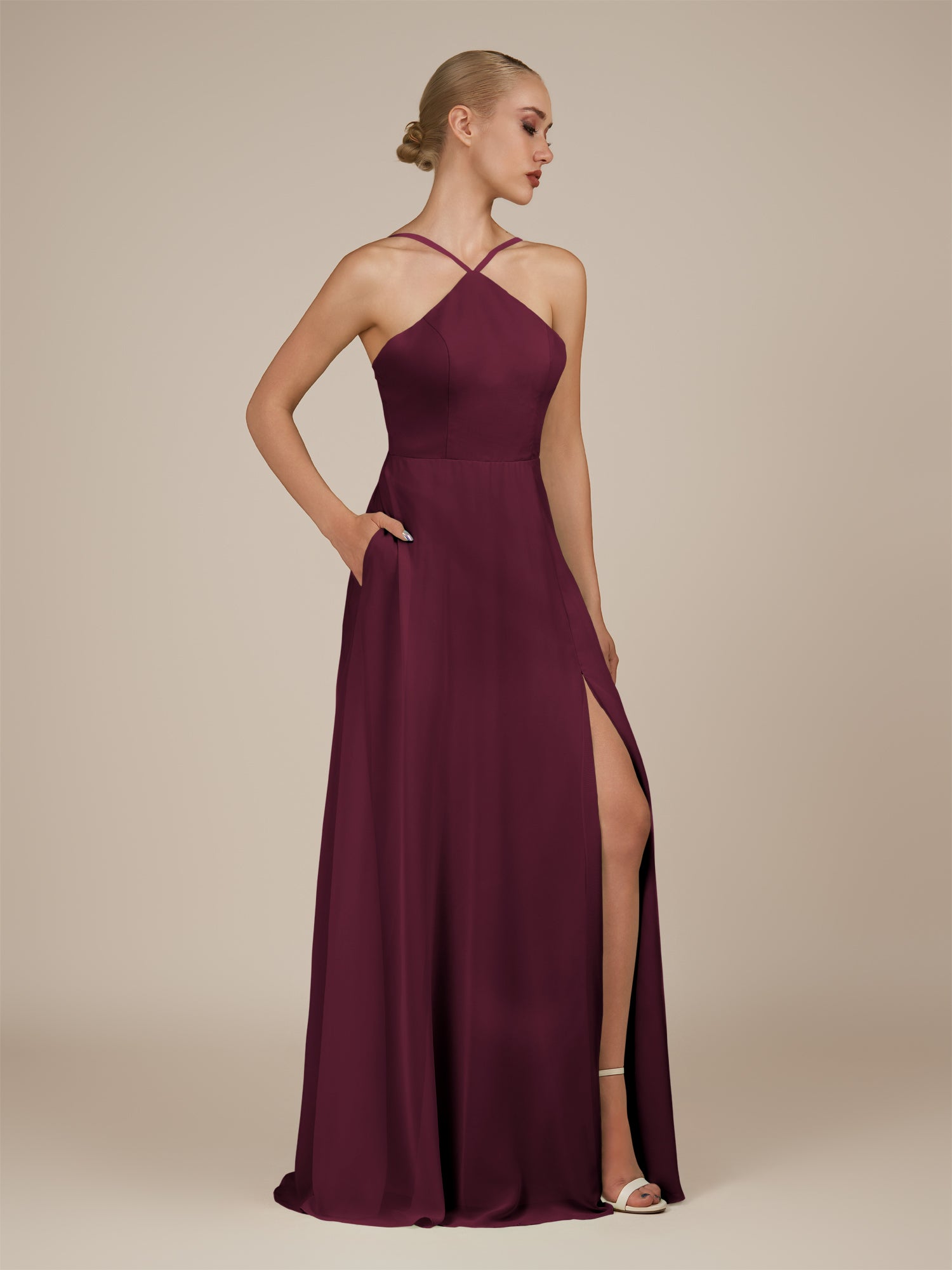 KissDress-Ione Sangria A Line Chiffon Halter Neck Long Bridesmaid Dress with Slit