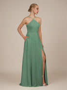 KissDress-Ione Sea Glass A Line Chiffon Halter Neck Long Bridesmaid Dress with Slit