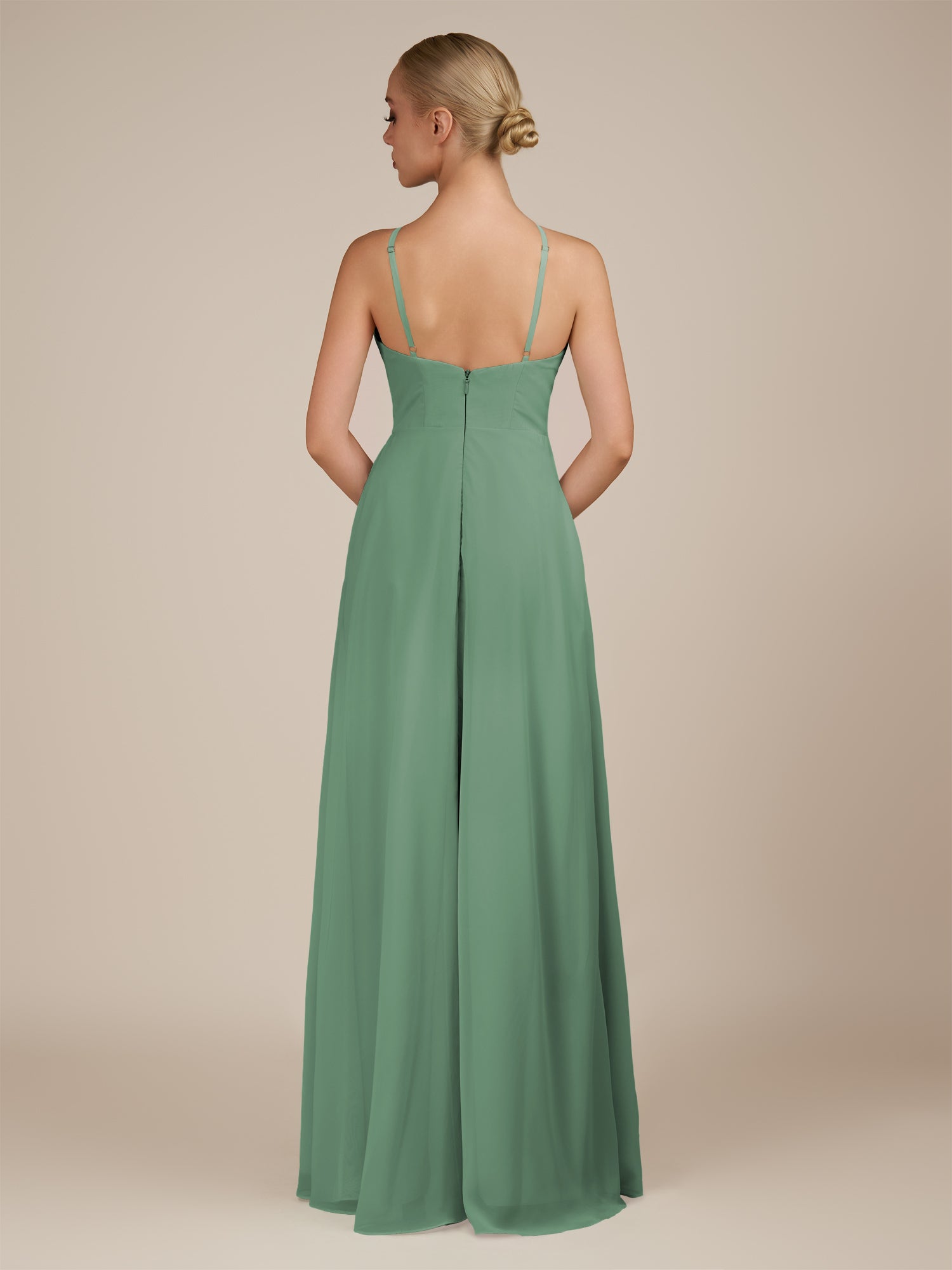 KissDress-Ione Sea Glass A Line Chiffon Halter Neck Long Bridesmaid Dress with Slit