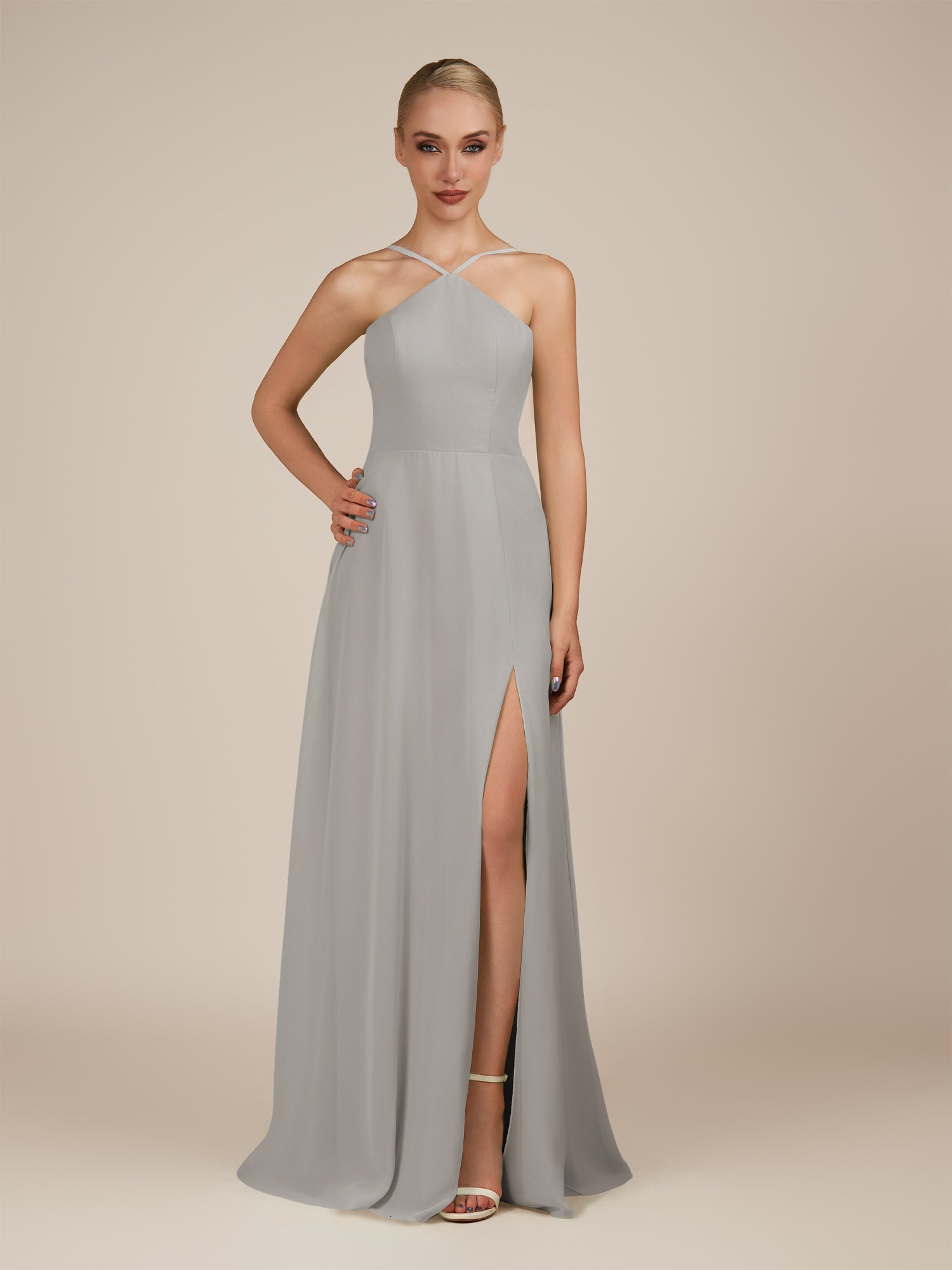 KissDress-Ione Silver A Line Chiffon Halter Neck Long Bridesmaid Dress with Slit
