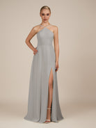 KissDress-Ione Silver A Line Chiffon Halter Neck Long Bridesmaid Dress with Slit