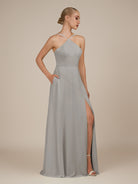 KissDress-Ione Silver A Line Chiffon Halter Neck Long Bridesmaid Dress with Slit