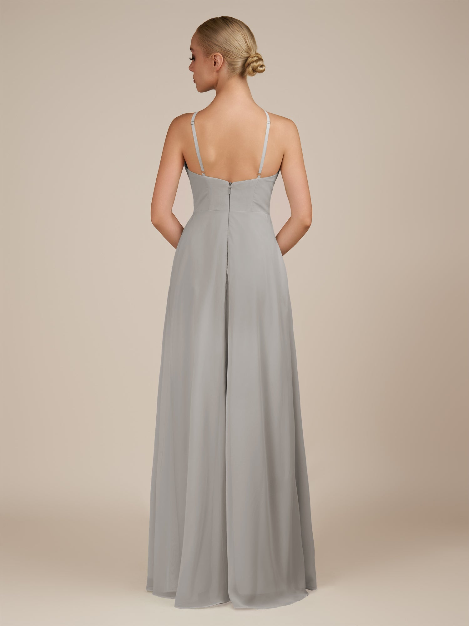 KissDress-Ione Silver A Line Chiffon Halter Neck Long Bridesmaid Dress with Slit