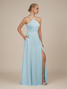 KissDress-Ione Sky Blue A Line Chiffon Halter Neck Long Bridesmaid Dress with Slit