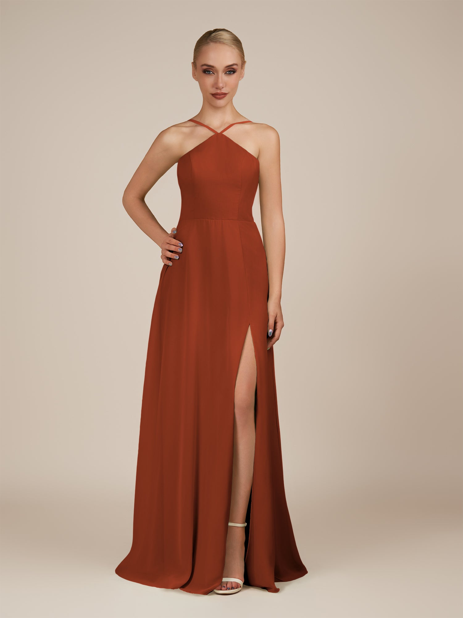 KissDress-Ione Spice A Line Chiffon Halter Neck Long Bridesmaid Dress with Slit