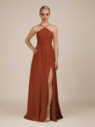 KissDress-Ione Spice A Line Chiffon Halter Neck Long Bridesmaid Dress with Slit