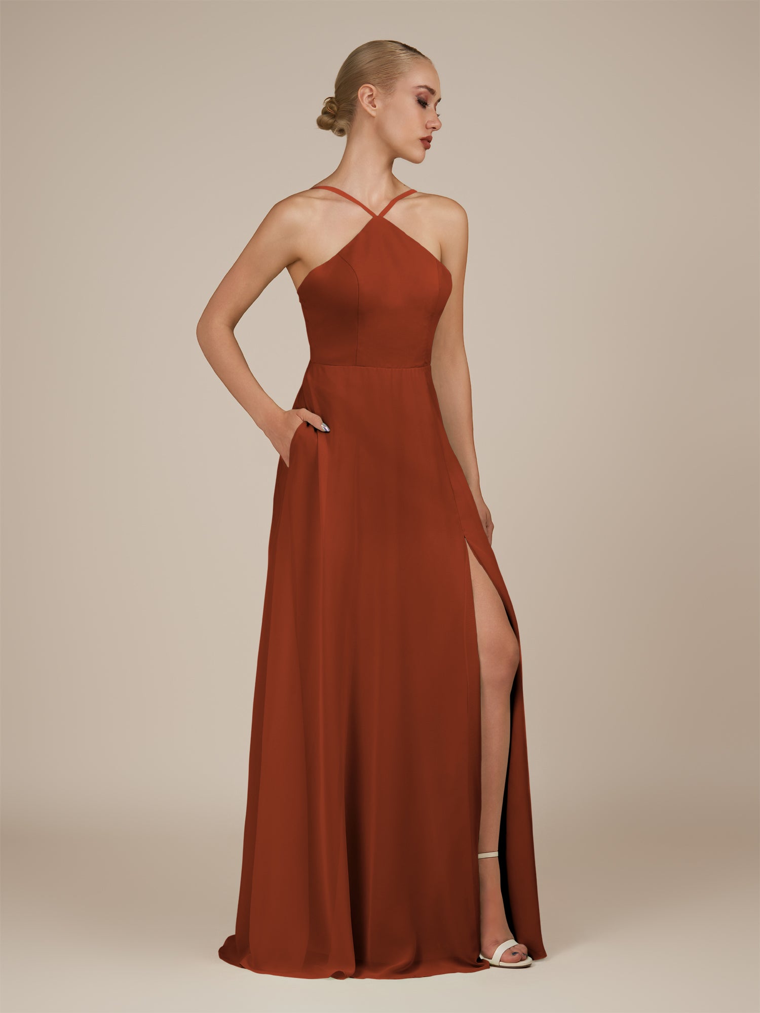 KissDress-Ione Spice A Line Chiffon Halter Neck Long Bridesmaid Dress with Slit