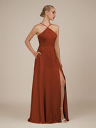 KissDress-Ione Spice A Line Chiffon Halter Neck Long Bridesmaid Dress with Slit