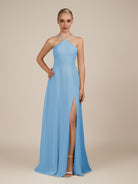 KissDress-Ione Steel Blue A Line Chiffon Halter Neck Long Bridesmaid Dress with Slit