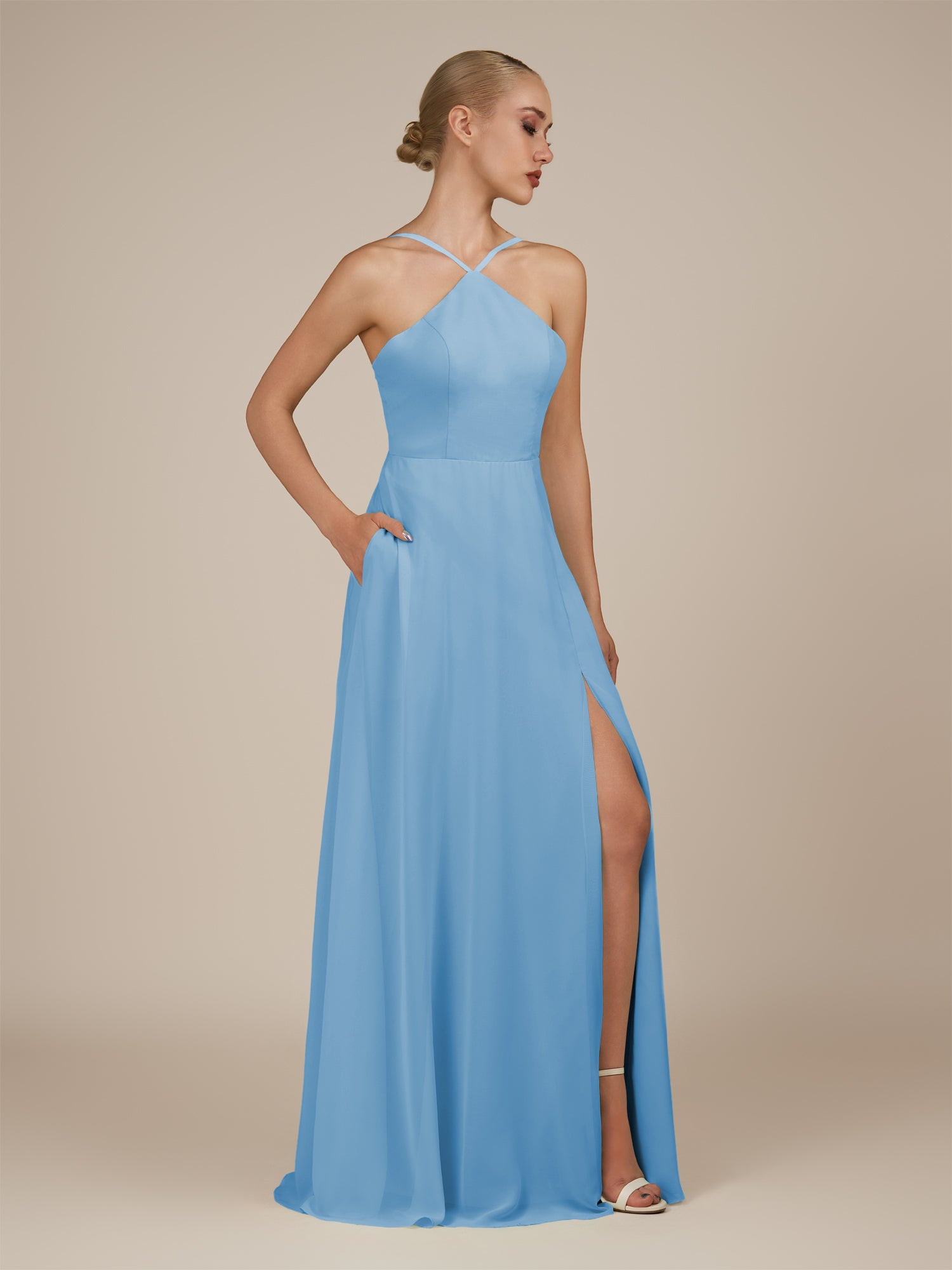 KissDress-Ione Steel Blue A Line Chiffon Halter Neck Long Bridesmaid Dress with Slit