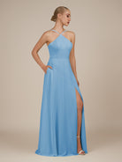 KissDress-Ione Steel Blue A Line Chiffon Halter Neck Long Bridesmaid Dress with Slit