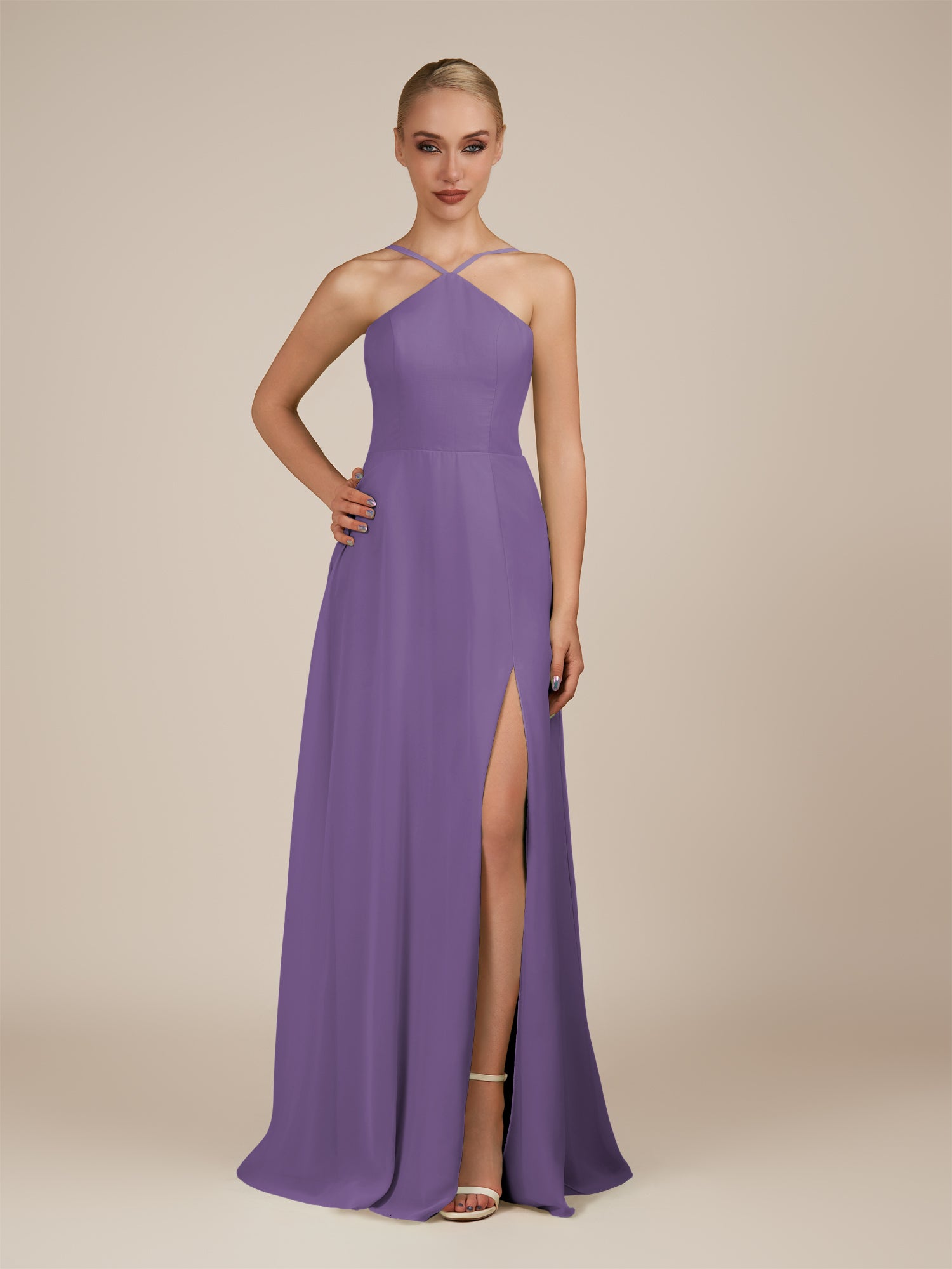KissDress-Ione Tahiti A Line Chiffon Halter Neck Long Bridesmaid Dress with Slit