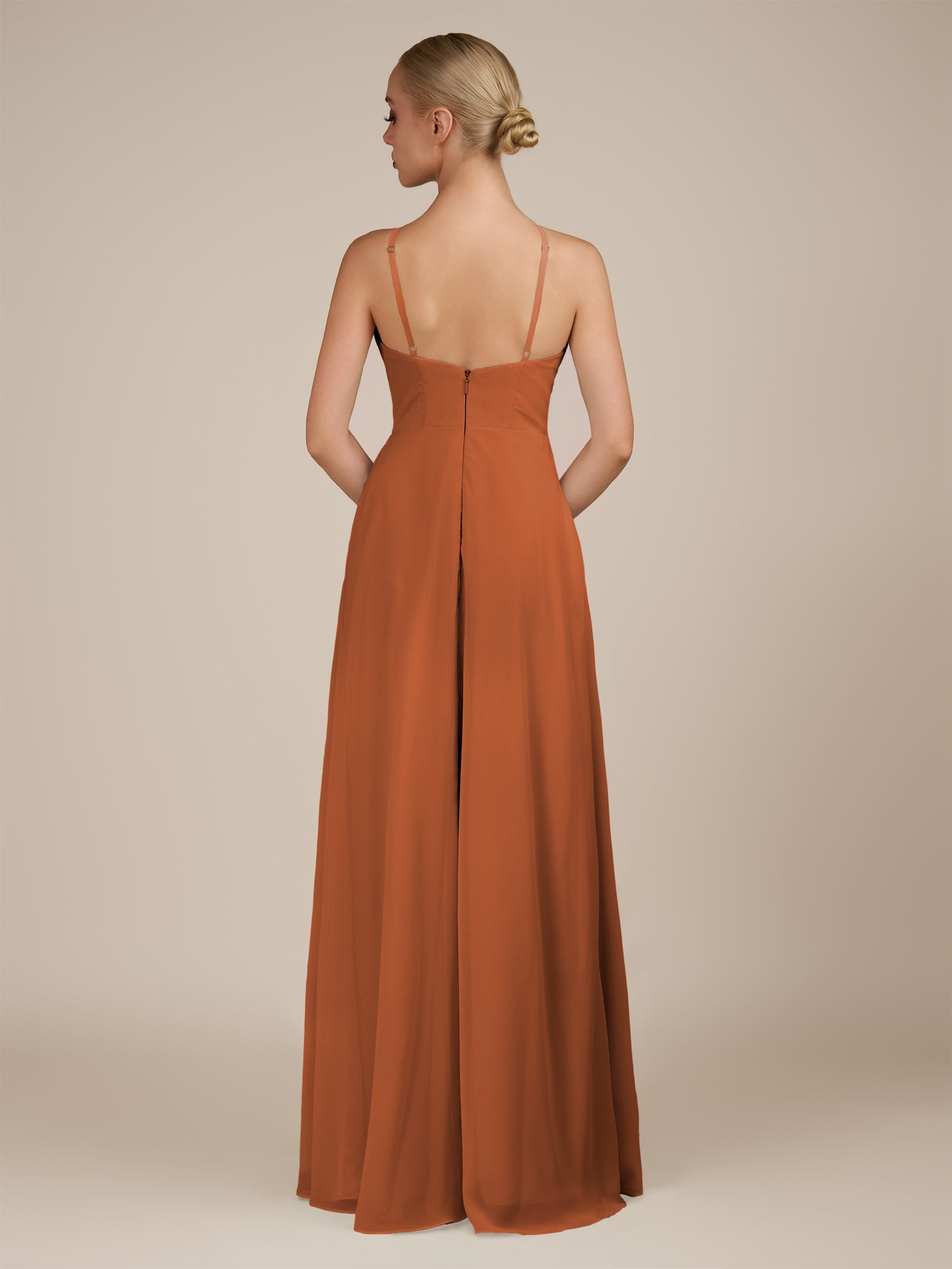 KissDress-Ione Terracotta A Line Chiffon Halter Neck Long Bridesmaid Dress with Slit
