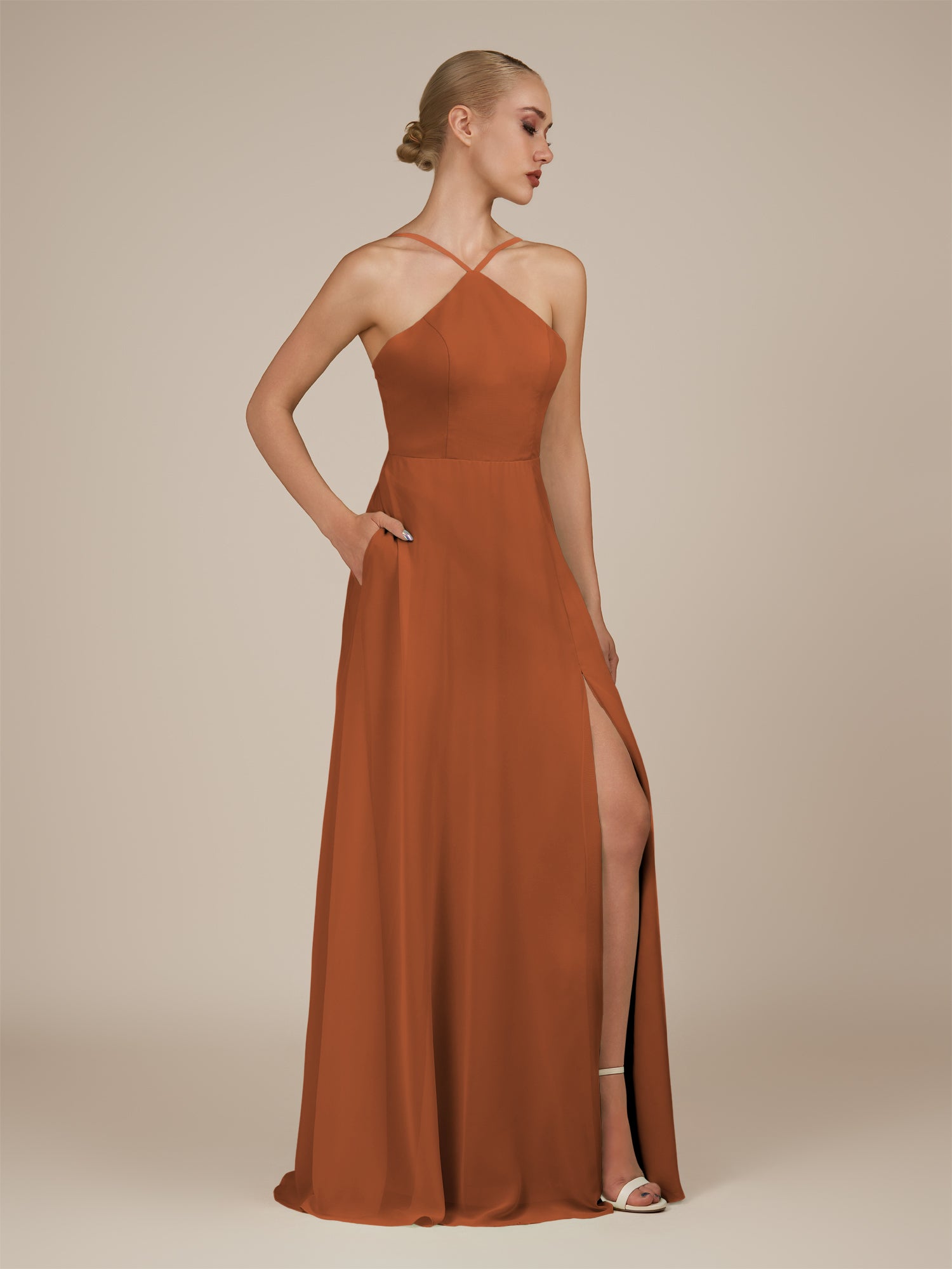 KissDress-Ione Terracotta A Line Chiffon Halter Neck Long Bridesmaid Dress with Slit