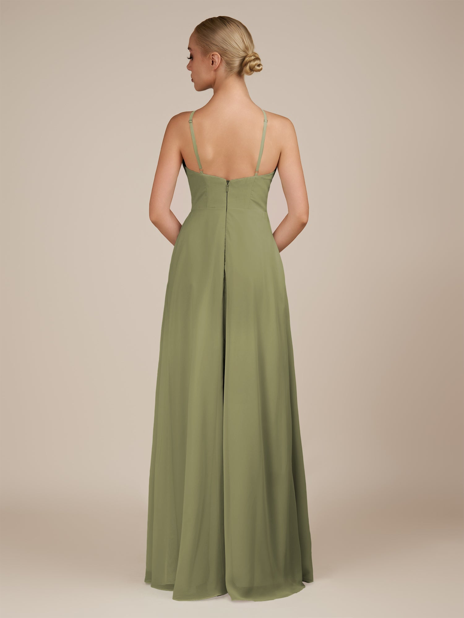 KissDress-Ione Thyme A Line Chiffon Halter Neck Long Bridesmaid Dress with Slit