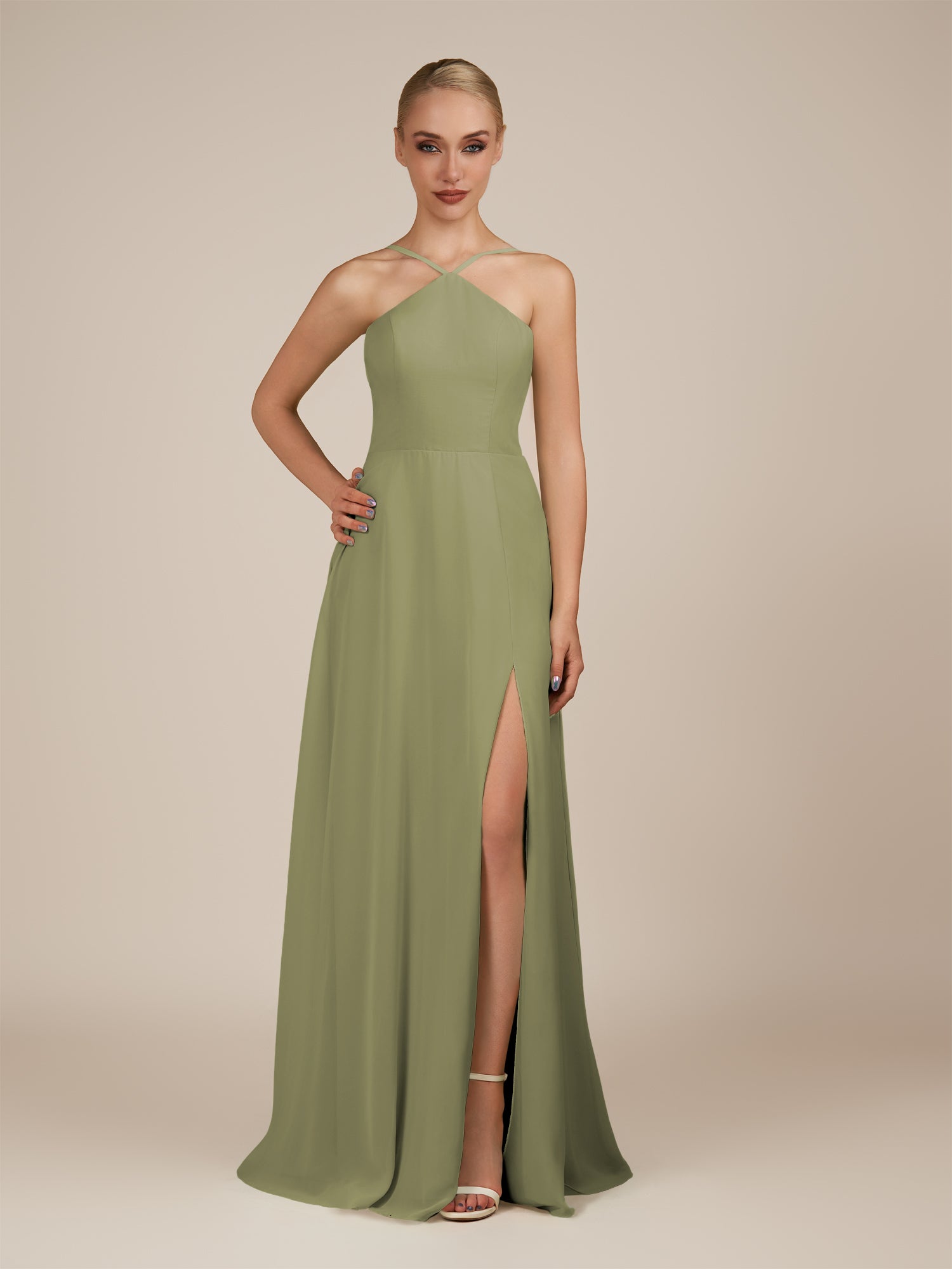 KissDress-Ione Thyme A Line Chiffon Halter Neck Long Bridesmaid Dress with Slit
