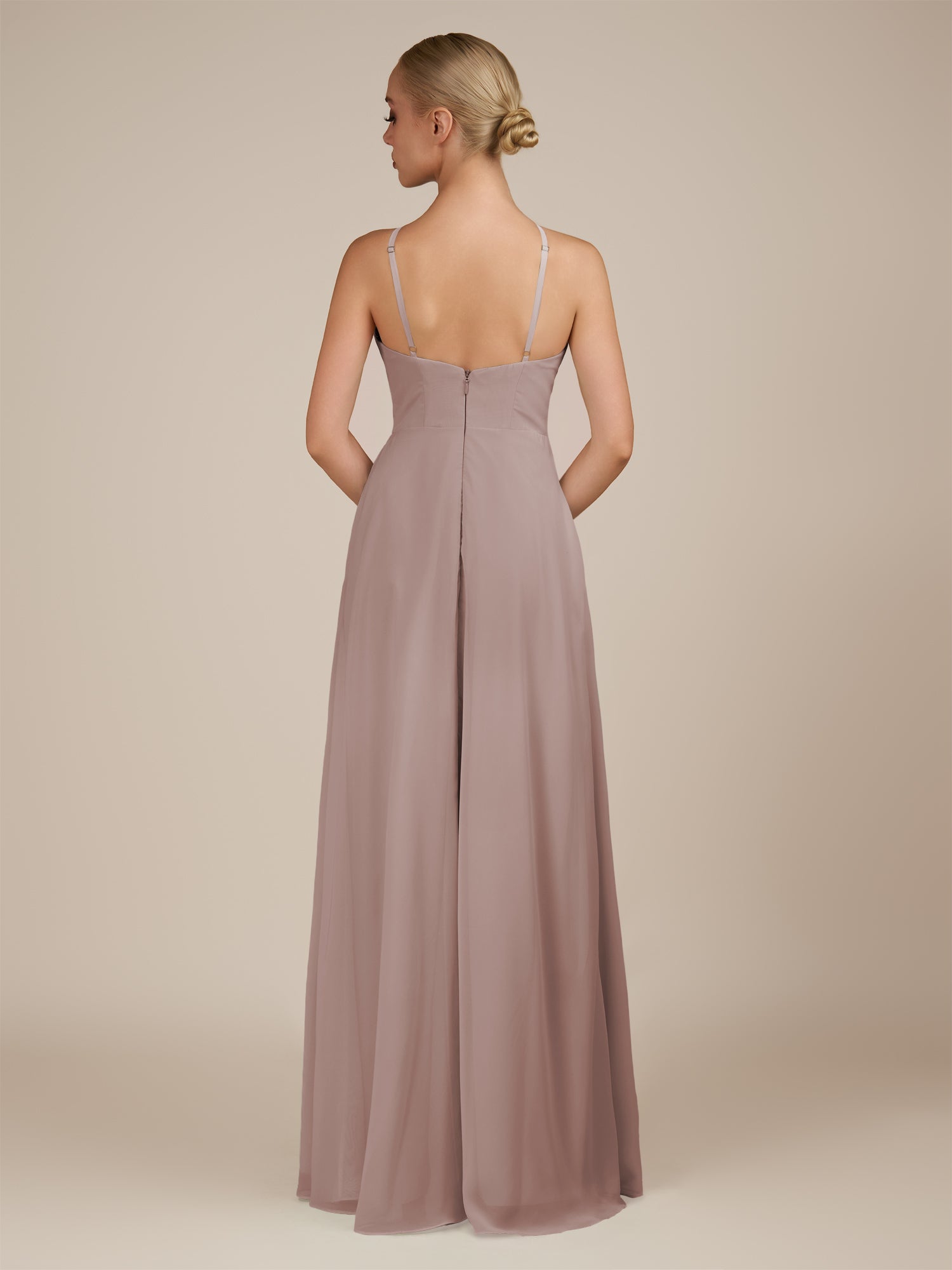 KissDress-Ione Toffee A Line Chiffon Halter Neck Long Bridesmaid Dress with Slit