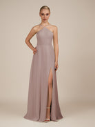 KissDress-Ione Toffee A Line Chiffon Halter Neck Long Bridesmaid Dress with Slit