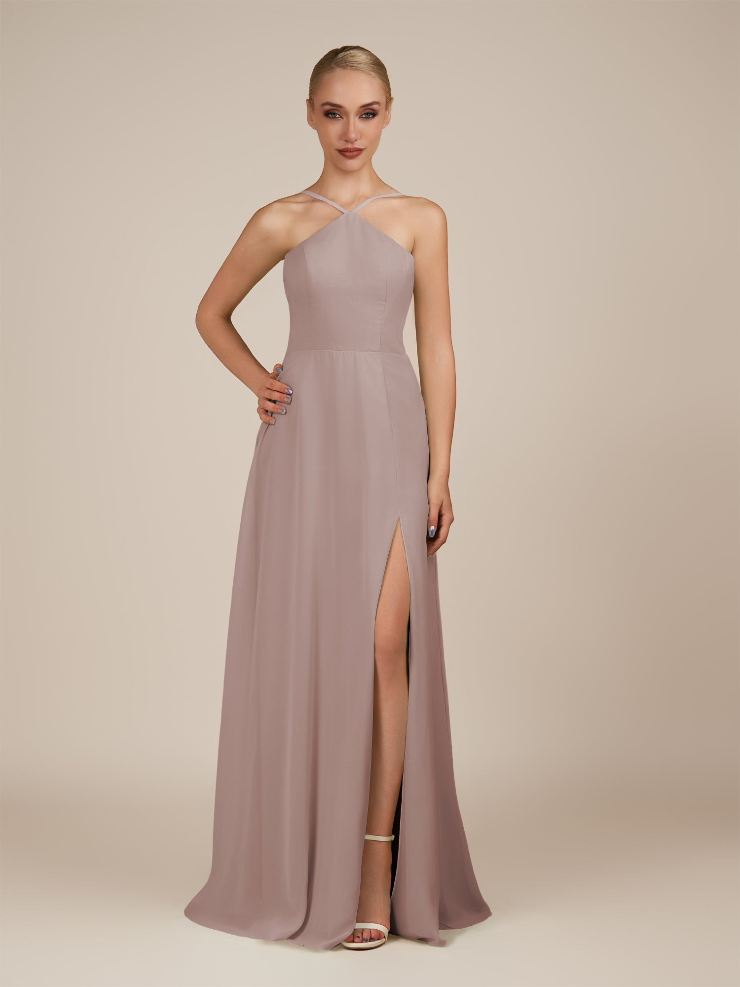 KissDress-Ione Toffee A Line Chiffon Halter Neck Long Bridesmaid Dress with Slit