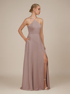 KissDress-Ione Toffee A Line Chiffon Halter Neck Long Bridesmaid Dress with Slit