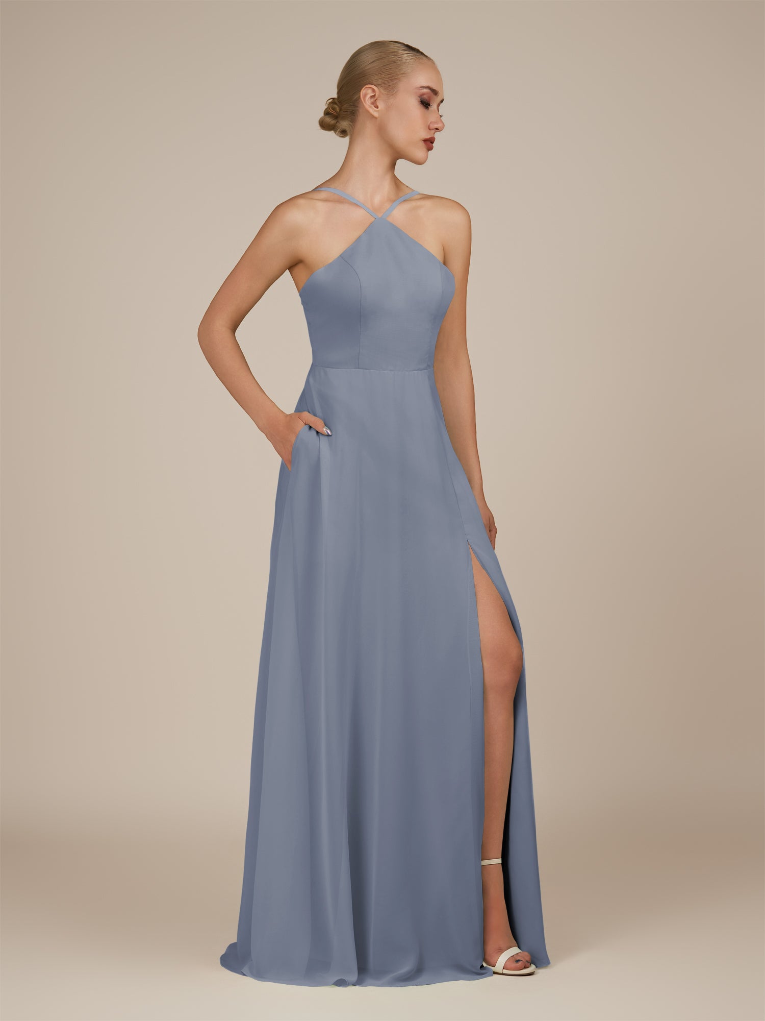 KissDress-Ione Twilight A Line Chiffon Halter Neck Long Bridesmaid Dress with Slit