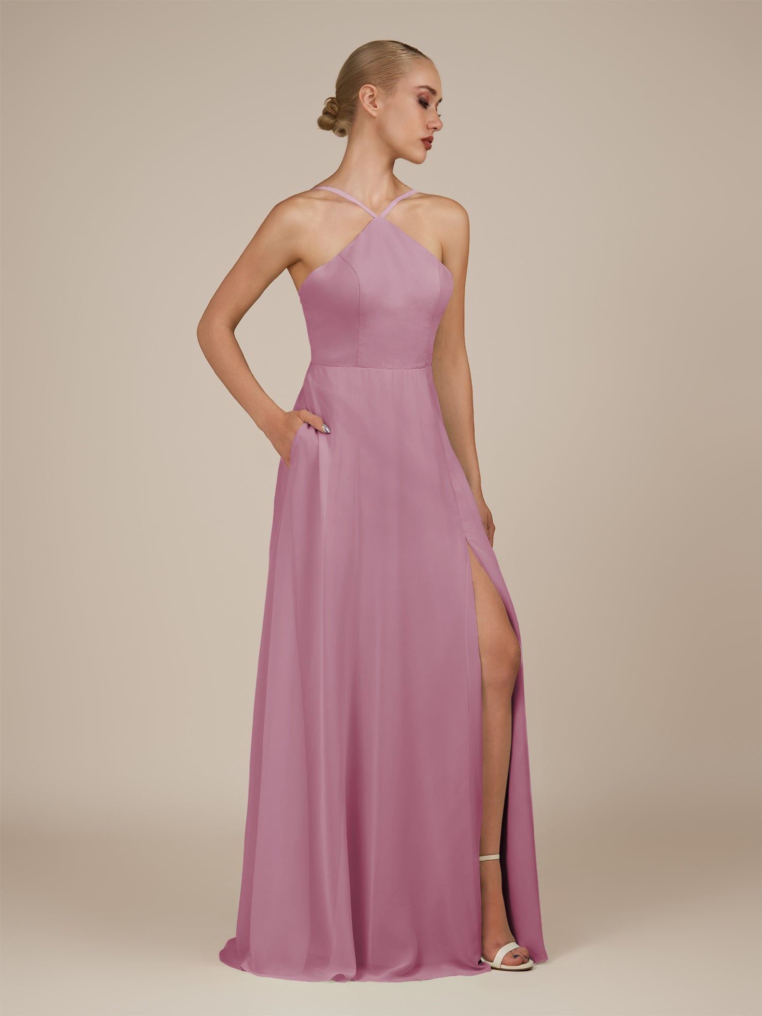 KissDress-Ione Vintage Mauve A Line Chiffon Halter Neck Long Bridesmaid Dress with Slit