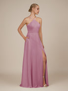 KissDress-Ione Vintage Mauve A Line Chiffon Halter Neck Long Bridesmaid Dress with Slit