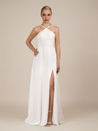 KissDress-Ione White A Line Chiffon Halter Neck Long Bridesmaid Dress with Slit