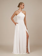 KissDress-Ione White A Line Chiffon Halter Neck Long Bridesmaid Dress with Slit