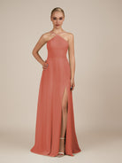 KissDress-Ione Wild Rose A Line Chiffon Halter Neck Long Bridesmaid Dress with Slit