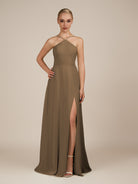 KissDress-Ione Willow Green A Line Chiffon Halter Neck Long Bridesmaid Dress with Slit