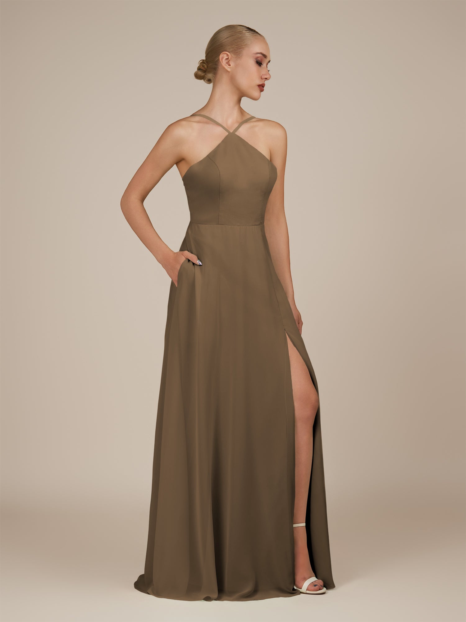 KissDress-Ione Willow Green A Line Chiffon Halter Neck Long Bridesmaid Dress with Slit