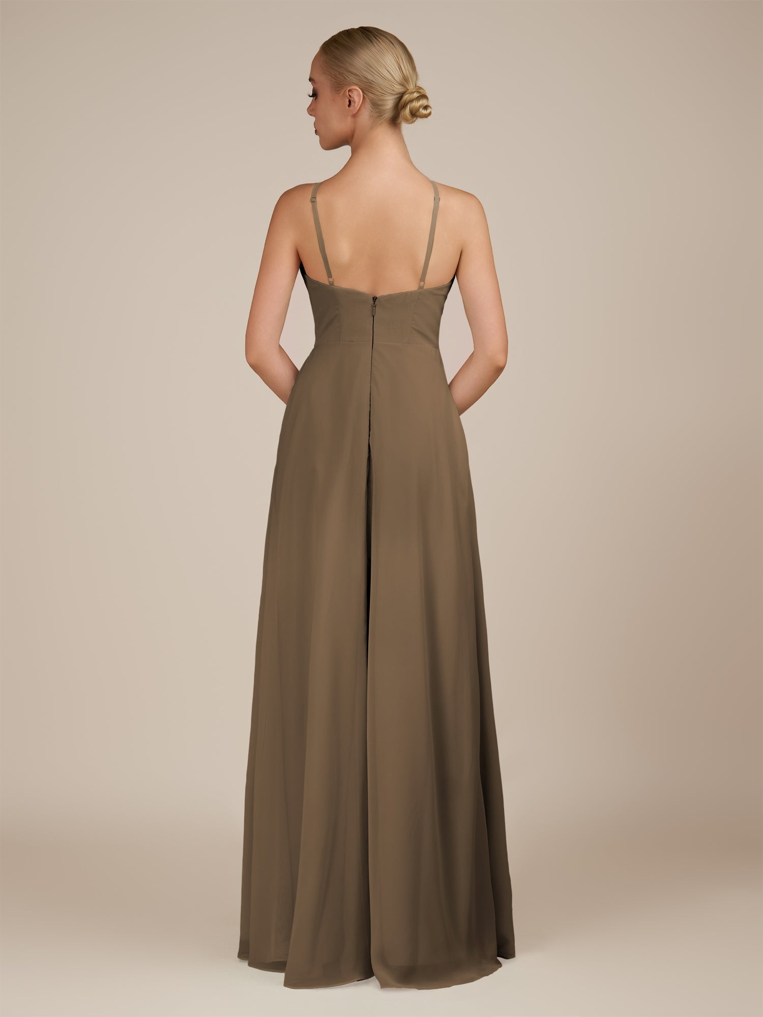 KissDress-Ione Willow Green A Line Chiffon Halter Neck Long Bridesmaid Dress with Slit