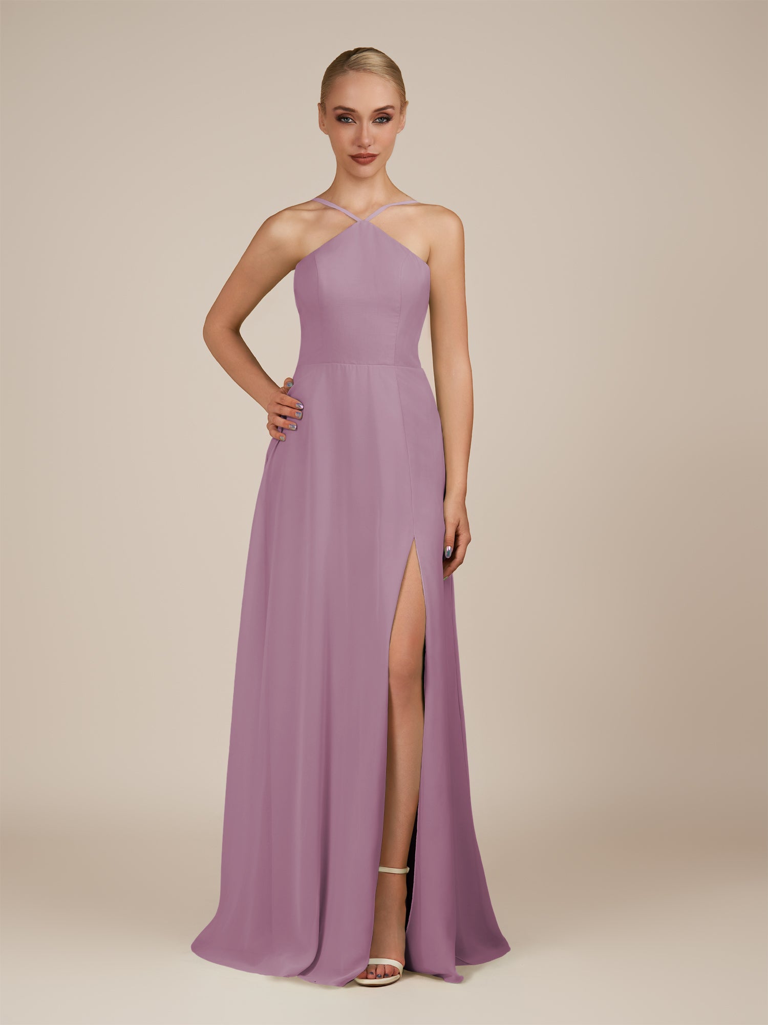 KissDress-Ione Wisteria A Line Chiffon Halter Neck Long Bridesmaid Dress with Slit