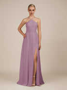 KissDress-Ione Wisteria A Line Chiffon Halter Neck Long Bridesmaid Dress with Slit