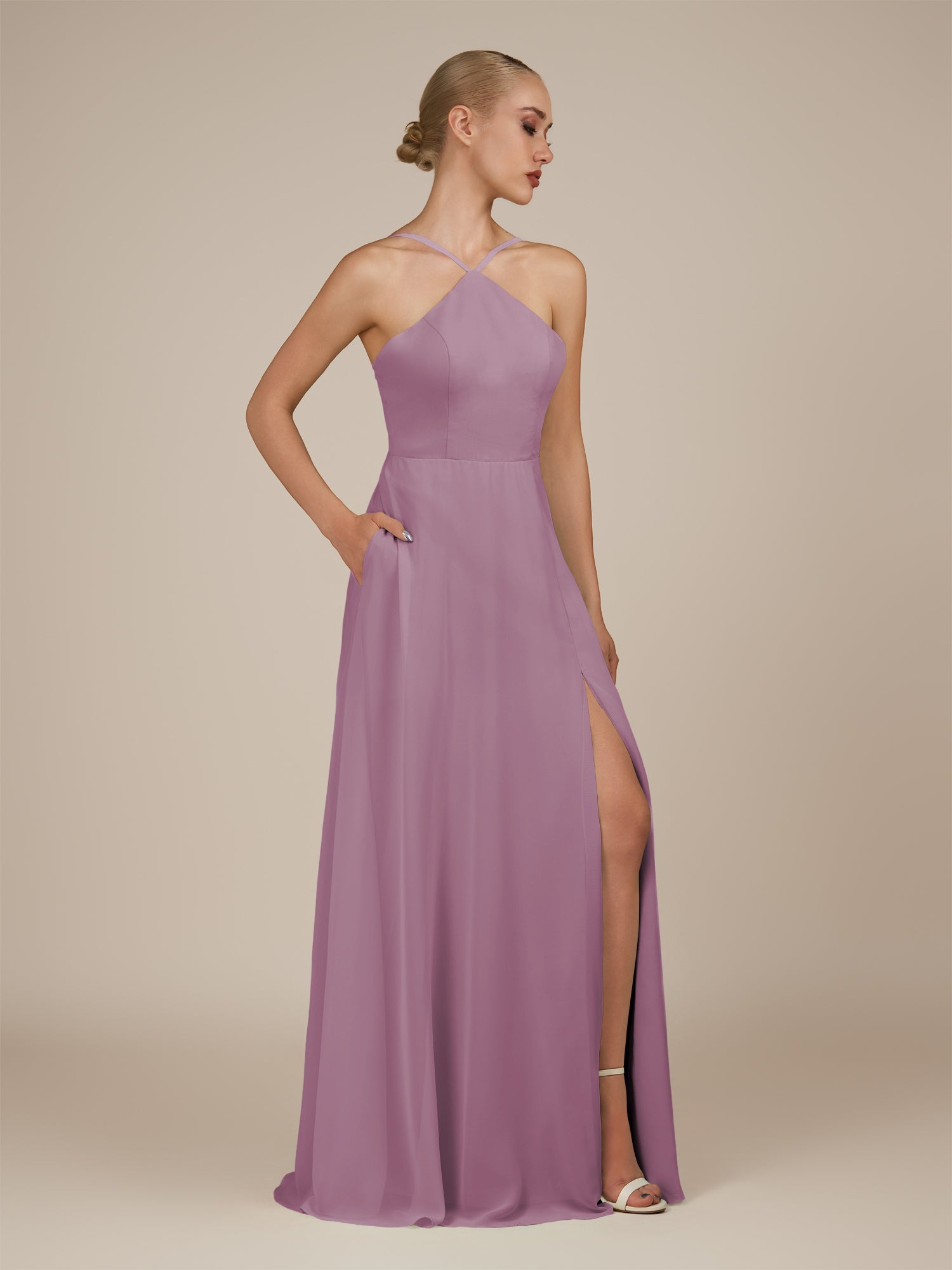 KissDress-Ione Wisteria A Line Chiffon Halter Neck Long Bridesmaid Dress with Slit