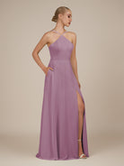 KissDress-Ione Wisteria A Line Chiffon Halter Neck Long Bridesmaid Dress with Slit