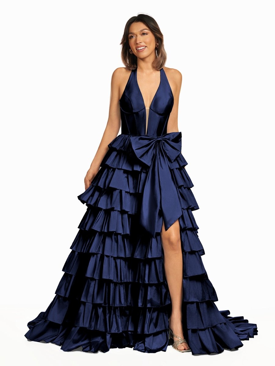 Iridium | Halter A - Line Blue Satin Long Ruffled Prom Dress With Slit - KissProm