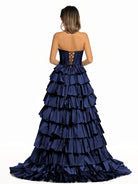 Iridium | Halter A - Line Blue Satin Long Ruffled Prom Dress With Slit - KissProm