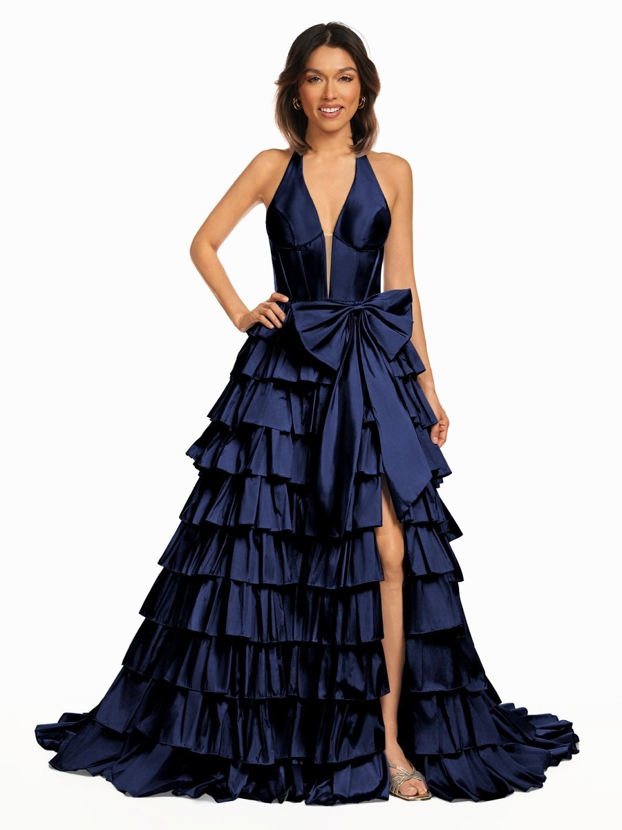 Iridium | Halter A - Line Blue Satin Long Ruffled Prom Dress With Slit - KissProm