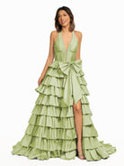 Iridium | Halter A - Line Blue Satin Long Ruffled Prom Dress With Slit - KissProm