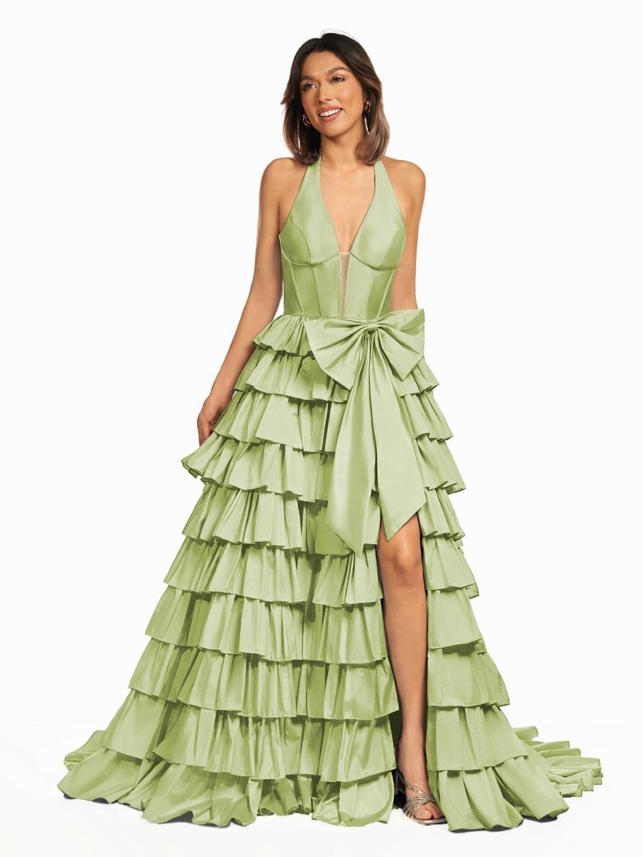 Iridium | Halter A - Line Blue Satin Long Ruffled Prom Dress With Slit - KissProm