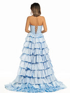 Iridium | Halter A - Line Blue Satin Long Ruffled Prom Dress With Slit - KissProm