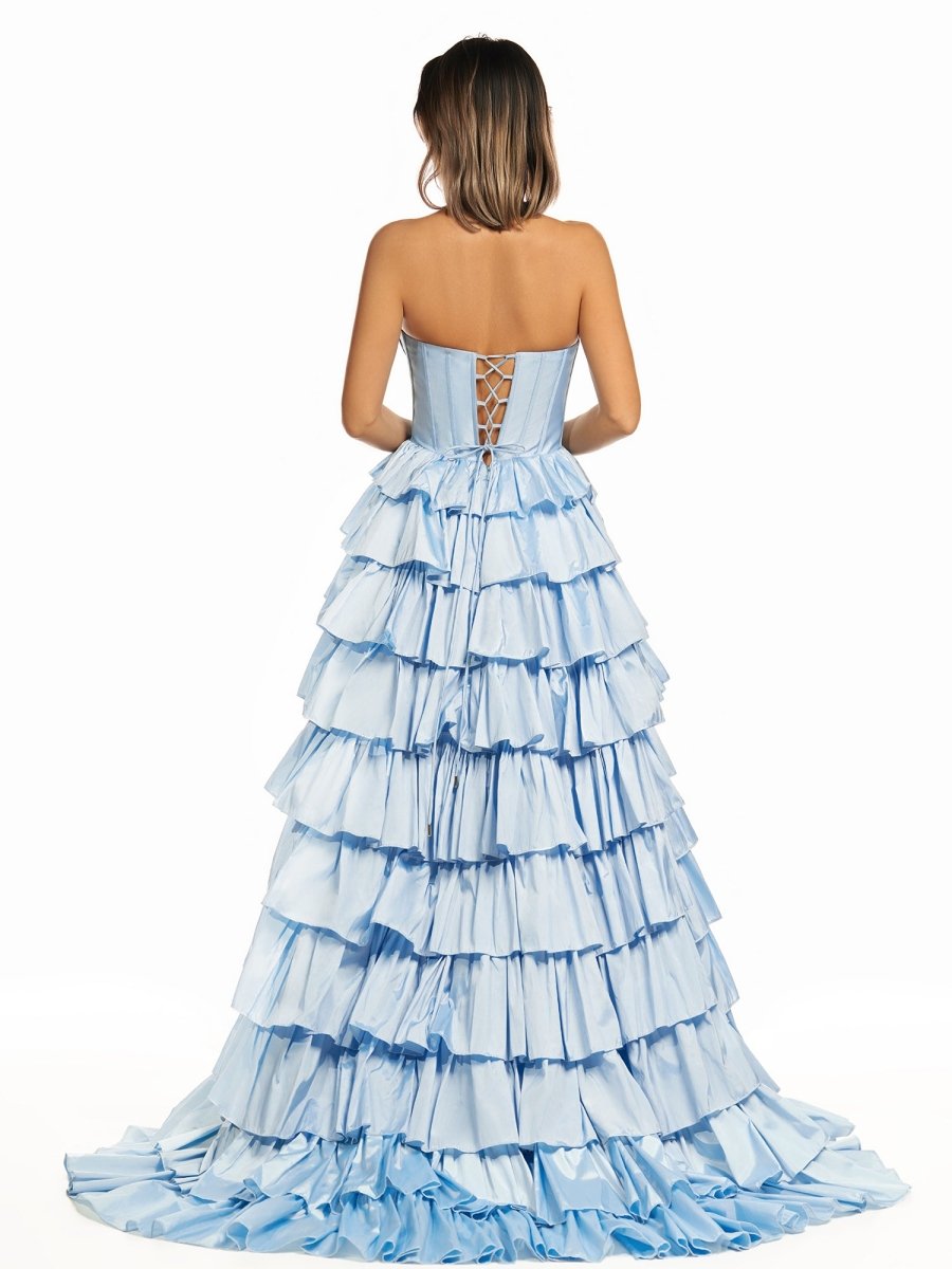 Iridium | Halter A - Line Blue Satin Long Ruffled Prom Dress With Slit - KissProm