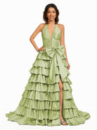 Iridium | Halter A - Line Blue Satin Long Ruffled Prom Dress With Slit - KissProm